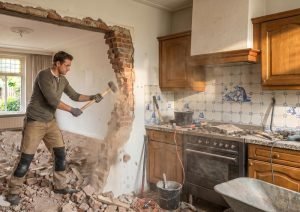 Een man die druk bezig is een muur te slopen van de woonkamer naar de keuken met puinafval