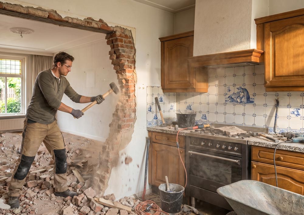 Een man die druk bezig is een muur te slopen van de woonkamer naar de keuken met puinafval